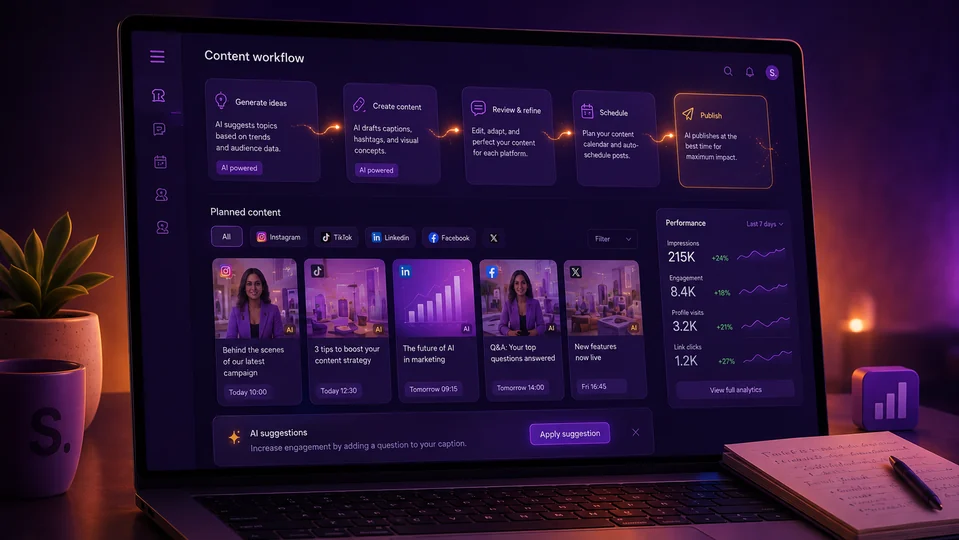 A campaign being built in Sofia, its post moving from AI generated to scheduled across five networks