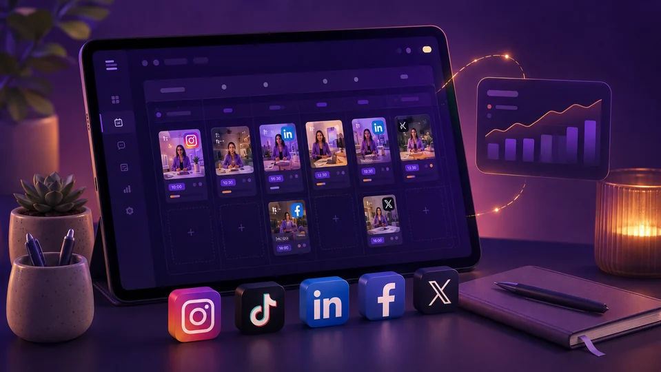 A publishing dashboard: five channels, their reach and engagement, and a week of scheduled posts