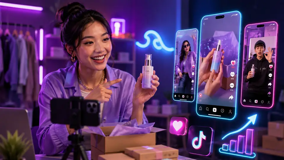 A vertical TikTok feed beside its engagement figures