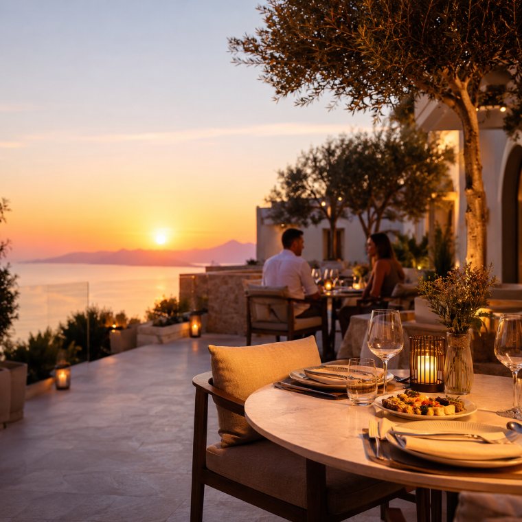 Terrasse dressée face à la mer au coucher du soleil